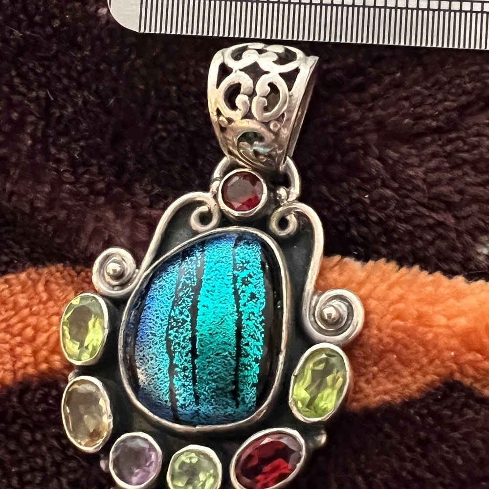 ❤️ Native Artisan Handmade Dichroic Glass & Gemstone Pendant 925 Sterling - Picture 10 of 12
